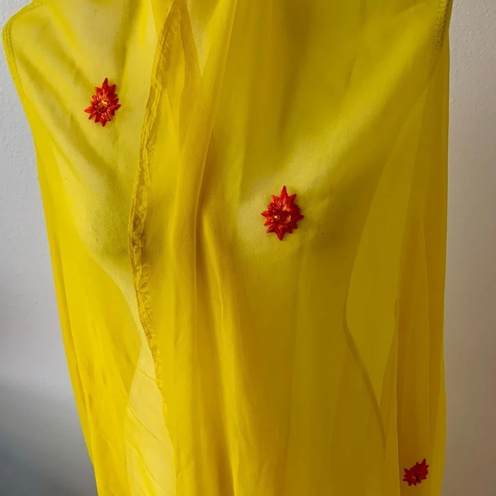 Yellow Sheer Scarf with Red Floral Accents 40/82 inches